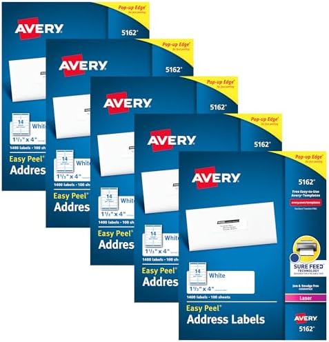 Avery Mailing Address Labels, Laser Printers, 1,400 Labels, 1-1/3 x 4, Permanent Adhesive, 5 Packs (5162) by Avery