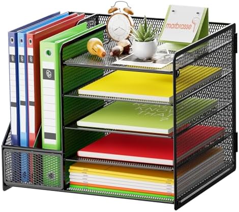 Marbrasse Desk Organizer with File Holder, 5-Tier Paper Letter Tray Organizer, Mesh Desk Organizers and Accessories with Magazine Holder, Desktop Storage for Office Supplies (Black) by Marbrasse