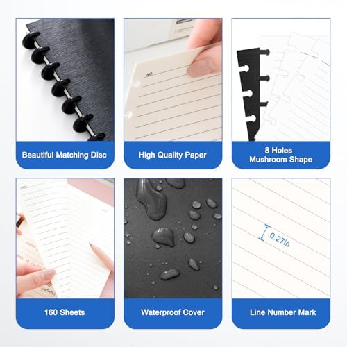 Discbound Notebook, 8-Disc Disbound Planner with Removable Pages, 180 Pages Spiral Notebook, Poly Cover Discbound Planner for Work, Travel, Note Taking(With Index Sticker),Black, A4 - Image 3