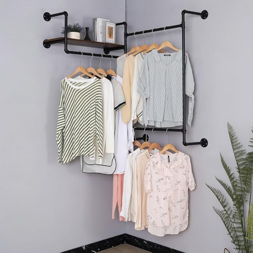 Industrial Pipe Clothing Rack, Wall Mounted Heavy Duty Garment Rack with Wood Shelf, Rustic Metal Closet Organizer for Bedroom, Laundry Room & Retail Store Display, Black, 58”W x 12”D x 46”H - Image 2