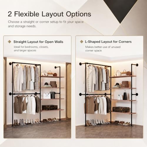 Wall Mounted Clothing Rack, Heavy Duty Pipe Closet, Pine Shelves, 76 In - Image 2