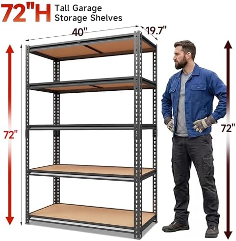 71.9" H Garage Shelves,Garage Storage Shelves Heavy Duty,Heavy Duty Garage Shelving,Adjustable 5 Tier Shelving for Garage Storage,Warehouse,71.9" Hx40 W x20 D - Image 2