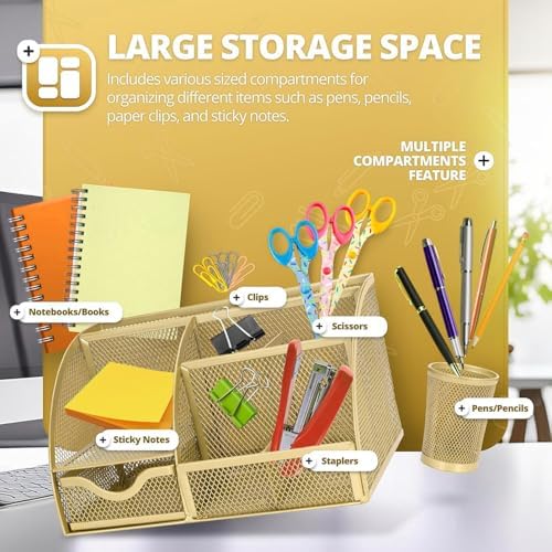 Flexzion Metal Mesh Desk Organizer with Drawer, 6 Compartments, Rose Gold - Image 3