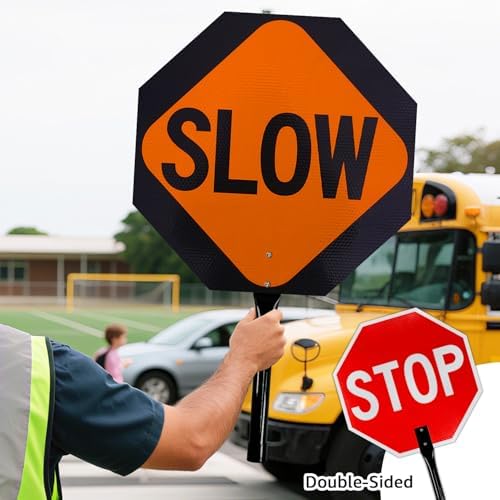 GicnKeuz 1 Pack Stop Slow Sign with Metal Handle, 18x18 inches Double Sided Slow/Stop sign, Traffic Reflective Aluminum Sign, Fade Resistant/Waterproof, Easy to Mount (Red & Orange) - Image 6