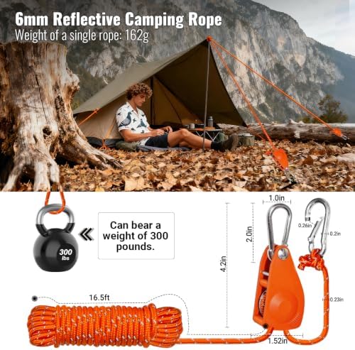 4Pack 6mm Reflective Guy Lines, Heavy‑Duty Tent Rope Tie Down Rope Line, Ultralight Camping Rope with Ratchet Pulley & 2 Metal Buckles, Aluminum Adjuster for Tarp Canopy Kayak Outdoor Camping, 16.5ft - Image 2