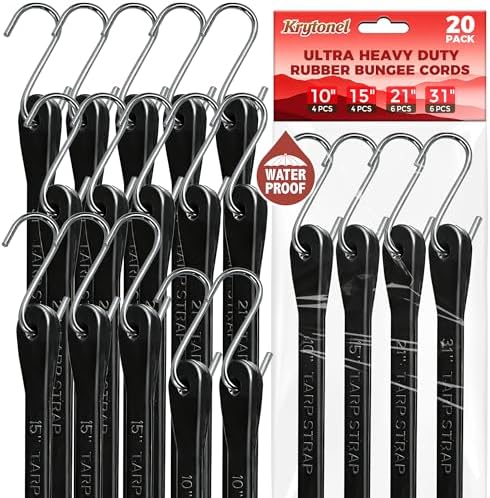 10" 15" 21" 31" Bungee Cords with Hooks Heavy Duty 20 Pack – EPDM Rubber UV Resistant, Assorted Sizes, Tarp Straps Tie Down for Truck, Towing, Construction, Marine, Trailer by Krytonel