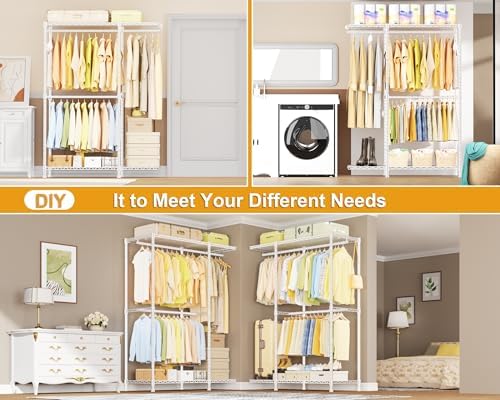 ULIFHOME E14 Max Heavy Duty Clothes Rack，Freestanding Clothing Racks for Hanging Clothes，Adjustable Closet Organizers and Storage，Metal Garment Rack with Shelves 86"W × 16"D × 77"H，Load 1060LBS，White - Image 5
