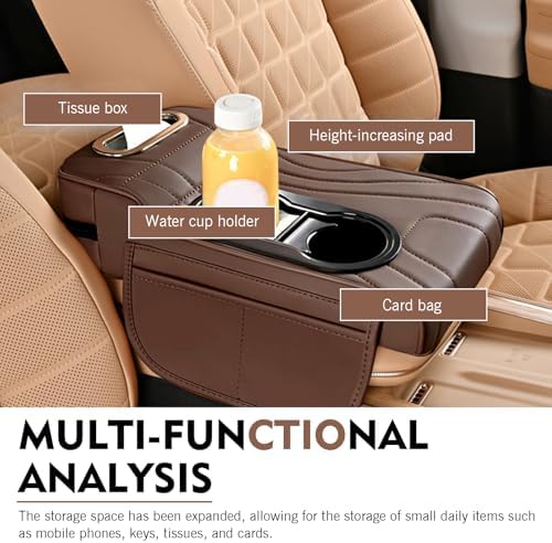 Car Armrest Box Mat, Multifunctional Soft Leather Center Console Height Enhancement Storage Armrest Decoration with Tissue Box, Cup Holder, Side Bags, Universal for Most Cars (Coffee) - Image 5