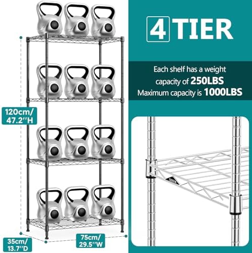 IZEUK 4-Tier Heavy Duty Steel Storage Shelves, Metal Shelf Wire Shelving Rack for Pantry, Kitchen, Garage, or Office Organization (29.5" W x 13.7" D x 47.2" H, 1000LBS, Black) - Image 3