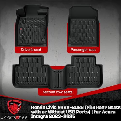 Floor Mats Compatible with Honda Civic 2022-2025 2026 (Fits Rear Seats with or Without USB Ports) | for Acura Integra 2023-2025, All Weather TPE Floor Liners, Custom Fit Car mats, 1st & 2nd Row, Black - Image 2