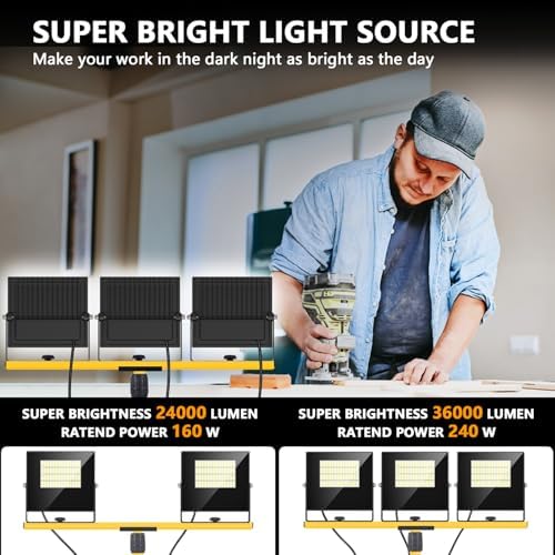36000Lumen LED Work Lights with Stand - 3 Head Foldable Work Light on Stand with 16FT Cord - IP67 Waterproof Tripod Lights for Outdoor Indoor Job Site Workshop Garage Construction Tripod Lighting - Image 3