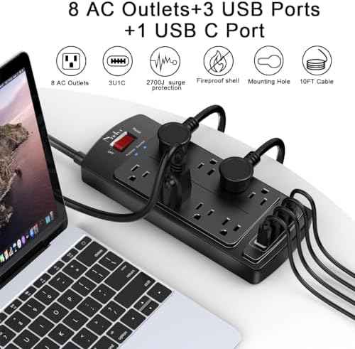 10 Feet Surge Protector Power Strip - Nuetsa Extension Cord with 8 Outlets and 4 USB Ports, Flat Plug, 2700 Joules, for Home, School, College Dorm Room, and Office, ETL Listed, Black - Image 2