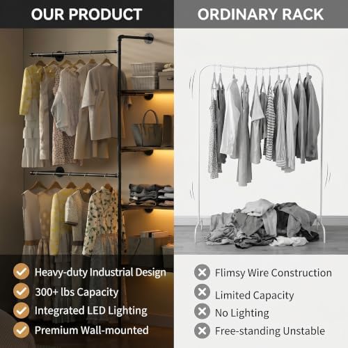 Industrial Pipe Clothing Rack with LED & Shelves - Image 7