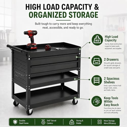 Garvee 30 Inch Rolling Tool Cart on Wheels, 3 Tier Steel Utility Tool Cabinet with 2 Drawer and Casters, Heavy Duty Tool Chest for Garage, Warehouse and Workshop - Image 4