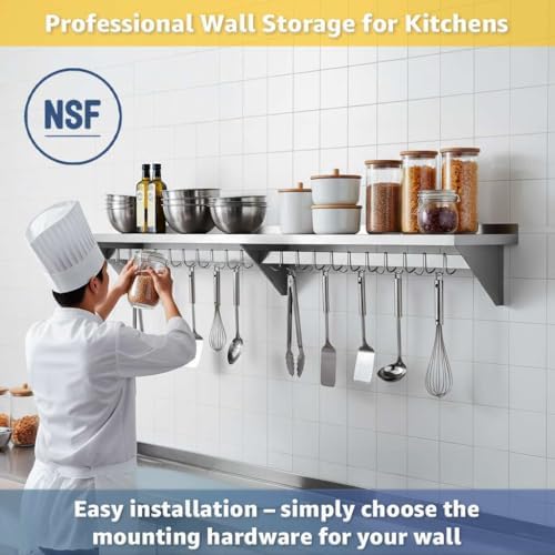 12" x 96" NSF Stainless Steel Wall Shelf, Heavy Duty Pot Pan Rack with Hooks, Commercial Kitchen - Image 5