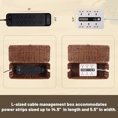 Cable Management Box, Cord Organizer with Lid & Cable Ties - Brown, L - Image 4