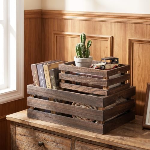 3 Pack Nesting Wooden Crates for Display Decorative Boxes, Decorative Farmhouse Rustic Wood Basket with Handles, Vintage Wood Box Display Risers for Home, Kitchen Pantry Cabinet, Shelf, Counter - Image 4