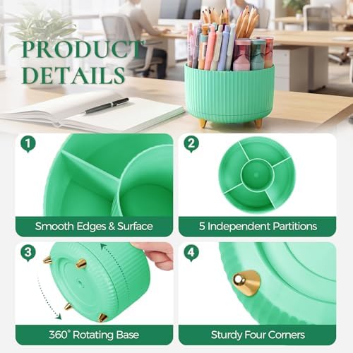 KONVINIT Pencil Pen Holder for Desk, 5 Slots 360-Degree Rotating Desktop Organizer, Cute Desk Organizers and Accessories for School, Home, Office and Art Supply, Mint Green - Image 4