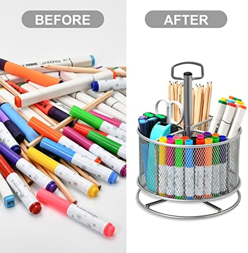 Marbrasse Mesh Desk Organizer, 360-Degree Rotating Multi-Functional Pen Holder, 4 Compartments Desktop Stationary Organizer, Home Office Art Supply Storage Box Caddy (silver) - Image 6