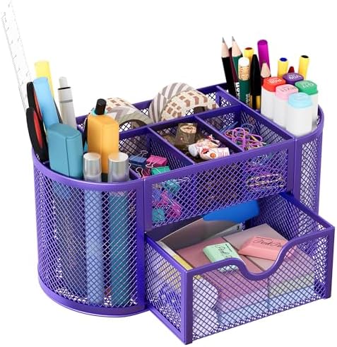 EasyPAG Mesh Pen Holder Desk Organizer with Drawer Stationery Supplies Organizer for Dorm School 9 Compartments Workspace Desk Accessories Organization for Office, Purple by EasyPAG