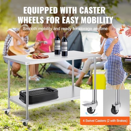 VEVOR Stainless Steel Work Table 30 x 60 x 38 Inch, with 4 Wheels, 3 Adjustable Height Levels, Heavy Duty Food Prep Worktable for Commercial Kitchen Restaurant, Silver - Image 6