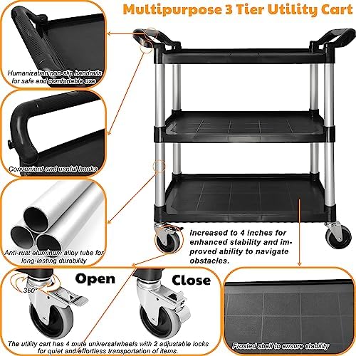 Plastic Utility Cart with Wheels, 3 Tier Rolling Cart with Lockable Wheels, Heavy Duty 510lbs Capacity Food Service Cart for Office, Restaurant, Kitchen, Home, Warehouse - Image 3