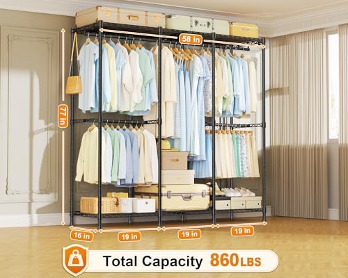 ULIFHOME E14 Heavy Duty Clothes Rack，Freestanding Clothing Racks for Hanging Clothes，Adjustable Closet Organizers and Storage，Metal Garment Rack with Shelves 58" W x16 D x77 H，Load 860LBS，Black - Image 2