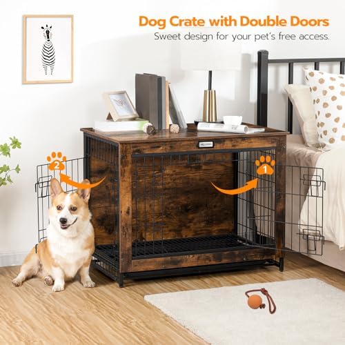 HOOBRO Dog Crate Furniture, 32.5" Medium Dog Kennel Indoor, Wooden Cage with Pull-Out Tray, Double Doors Pet House Side End Table for Medium/Small Dogs, Rustic Brown BF802GW03G1 - Image 2