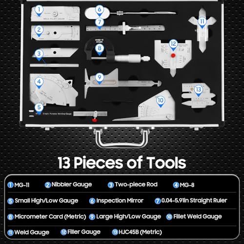 13pcs Welding Gauge Kit, Stainless Steel Welding Measure Gauge Combine Kit Welding Measurement Brief Case Type Tool Kit with Welding Inspection Mirror - Image 3