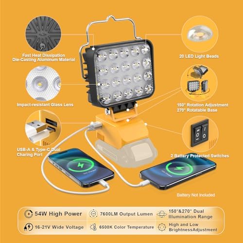 54W LED Work Light for Dewalt 20V Battery, 7600LM Cordless Work Light Dual Switch Battery Protection, Portable Flood Light with USB & Type C Charger Port for Workshop, Camping, Outdoor - Image 2