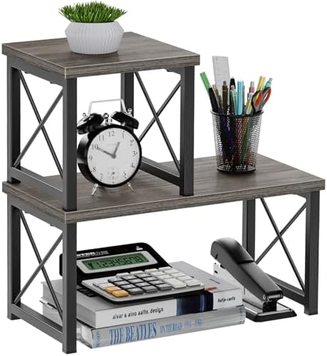Honiter Desk Shelf for Top of Desk, Wood Desktop Shelf, 2 Tier Adjustable Bookshelf Organizer, Freestanding Stackable Desk Stand Storage Organizers Kitchen Counter Display Rack by Honiter