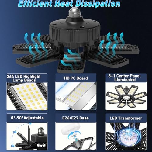 Garage Light 4 Pack - 240W 24000LM 6500K Garage Lights Ceiling LED with 8+1 Deformable Panels, E26/E27 Screw Socket in LED Shop Light for Workshop, Basement, Gym, Barn, Warehouse etc Bay Lighting - Image 3