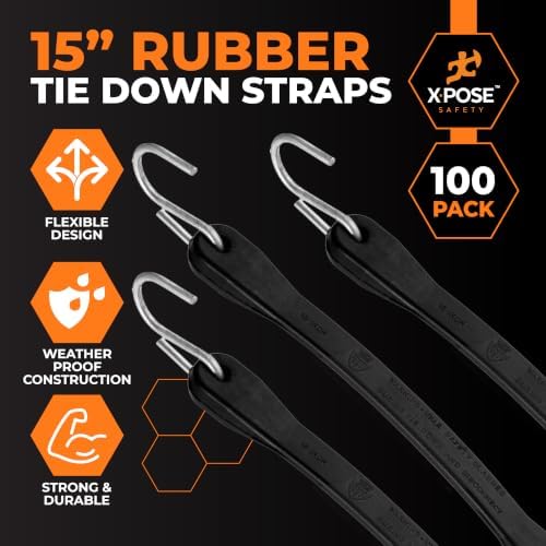 Rubber Bungee Cords with Hooks 100 Pack 15 Inch (23” Max Stretch) Heavy-Duty Black Tie Down Straps for Outdoor, Tarp Covers, Canvas Canopies, Motorcycle, and Cargo - by Xpose Safety - Image 3