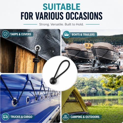 30 Pcs 4 Inches Ball Bungee Cords, Black Heavy Duty Heavyweight Tarp Black Ball Bungee, 4mm Thickness Weather Resistant Tie Down Strap, Suitable for Camping, Securing Tents, Fixing Cables and Hoses - Image 7