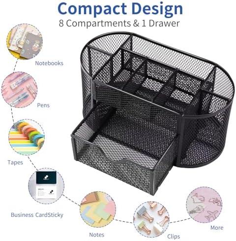 EOOUT Desk Organizer Black Mesh Pencil Holder 8 Compartments 1 Drawer - Image 3