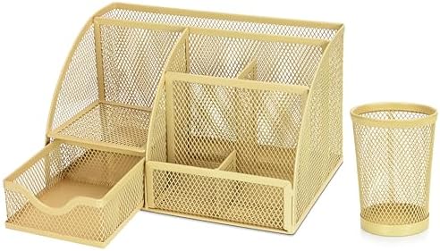 Flexzion Metal Mesh Desk Organizer with Drawer, 6 Compartments, Rose Gold by Flexzion