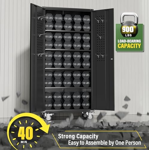 Greenvelly Metal Storage Cabinet with Wheels, 72" Black Garage Rolling Cabinet with Doors and 4 Shelves, Steel Locking Cabinets Tall Tool Lockable Storage Cabinets for Basement, Pantry, Home Office - Image 6