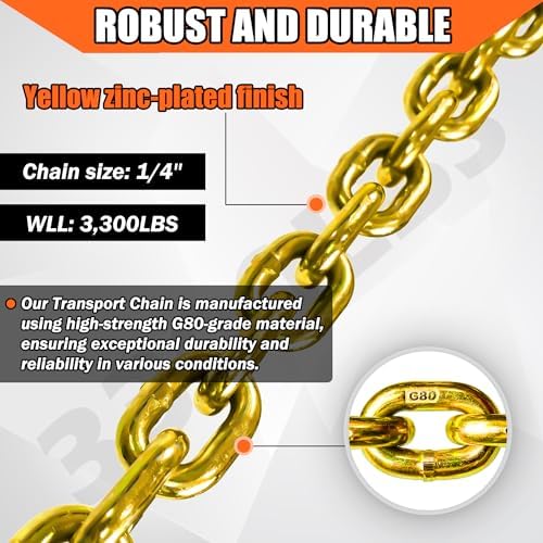 YATOINTO G80 1/4 Inch x 12 Foot Chain Tow Chain with Clevis Grab Hooks 3,300 lbs Safe Working Load Logging Chain for Transporting Towing Tie Down Binding Equipment - Image 5