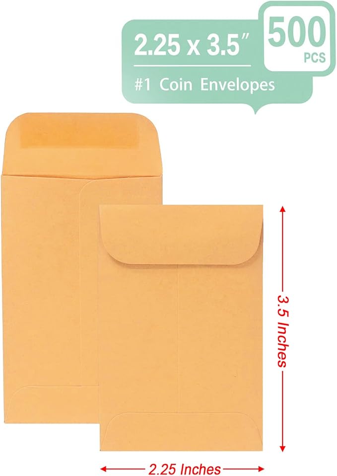 500 PCS #1 Coin Envelopes, 2-1/4” x 3-1/2” inches Brown Kraft Envelopes Classic - Image 3