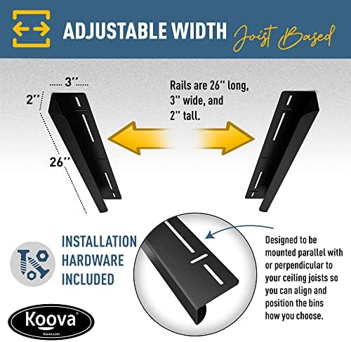 Koova Heavy-Duty Overhead Garage Storage Rack for 2 Bins. Adjustable Width, 80lb Capacity. DIY Safe Ceiling Mount, Easy Install. Fits 27-Gallon Totes. USA Made Pro-Grade Steel. Space Saving Organizer - Image 6