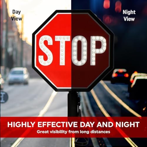 SmartSign 12" LED Stop Paddle, Rechargeable Battery & Charger, 2-Sided Reflective Hand Held Aluminum Sign with Strap, Steady/Flashing Light Modes, Foam-Padded Grip, 1-Pack - Image 4