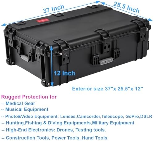 Regetek Rolling Case with Foam, 37 x 25.5 x 12 Inch, Transport Hard Case with Wheels/ 3 Large Handles for Camera, Tool, Equipment, Crushproof,Waterproof, Lockable, Inner 33.66" x 22.64" x 9.06" - Image 2