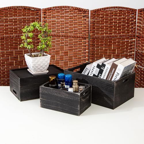 Set of 3 Rustic Black Wooden Nesting Crates, 15.4x11x7 Inch Large Farmhouse Wood Storage Crates with Cutout Handles, Stackable Decorative Wood Storage Bins for Home Decor Wedding Display - Image 5