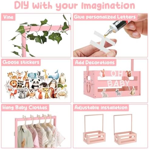 Baby Shower Gifts Basket Wooden Crate, Personalized Wooden Letters and Clothes Hangers New Born Baby Girl Boy Gifts Vine Decorations Cute Closet with Handle Pregnancy Gifts for New Mom Parents Pink - Image 5