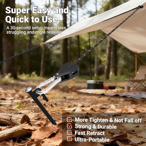 Camping Ropes Guy Line - Tarp Tie Down Ropes with Ratchet System, Pulley & Reinforced Metal Gear - Adjustable Heavy Duty Guy Lines for Canopy Tent, Quick Setup Outdoor Strap-4Pack - 6Pack - Image 3