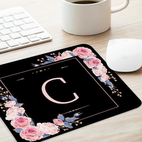 Letter C Black and Pink Flowers Square Mouse Pad, Mouse Pad with Stitched Edge and Non-Slip Rubber Base,Mouse Mat,Home Office Decor Desk Accessories,9.4x7.8x0.12 inch Square Mouse Pad - Image 3