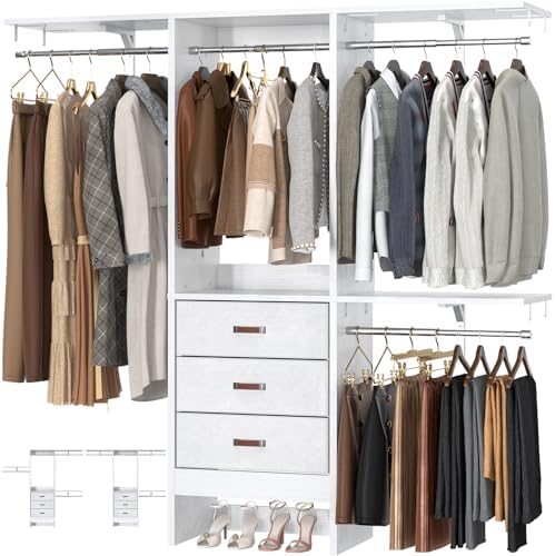 Armocity 5FT Small Closet System with 3 Fabric Drawers, 60 Inches Walk In Closet Organizer System With 3 Adjustable Shelves, Heavy Duty Clothes Rack Built-In Garment Rack, 59" L x 16" W x 71" H, White by Armocity