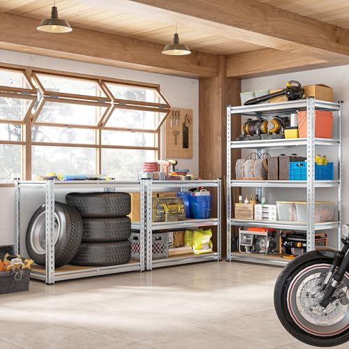 REIBII Garage Shelving, 5 Tier Storage Shelves Load 2400LBS, Adjustable Garage Shelving Heavy Duty, Metal Shelves Unit with Waterproof Columns, 35.5" W x 11.9" D x 72" H, Galvanized, 2 Pack - Image 2