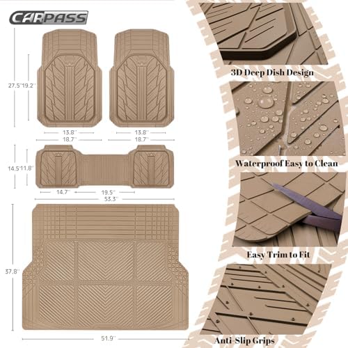 CAR PASS Floor Mats for Cars M-L Size, Heavy Duty Rubber Floor Mats with Trunk Cargo Liner, Universal Trim-to Fit Automotive Floor mats for Truck Van SUV Waterproof All Weather Car Mats All Beige - Image 3