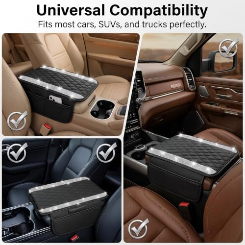Sparkly Car Center Console Cover, Premium Rhinestone Armrest Cover for Car Center, Microfiber Leather Auto Arm Rest Cushion with Side Storage Pockets, Universal for Most Vehicles (Silver) - Image 6